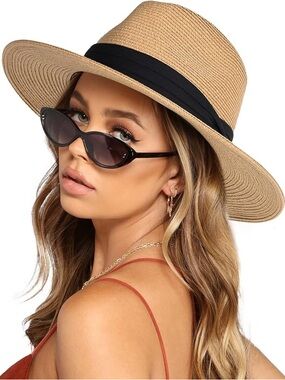Wide Brim Straw Panama Fedora - UPF Sun Hat, Summer Beach Hat, Unisex